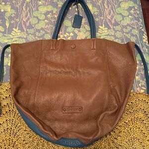 Linea Pelle Soft Like New Leather Large  2-Tone Tote Brown and Teal